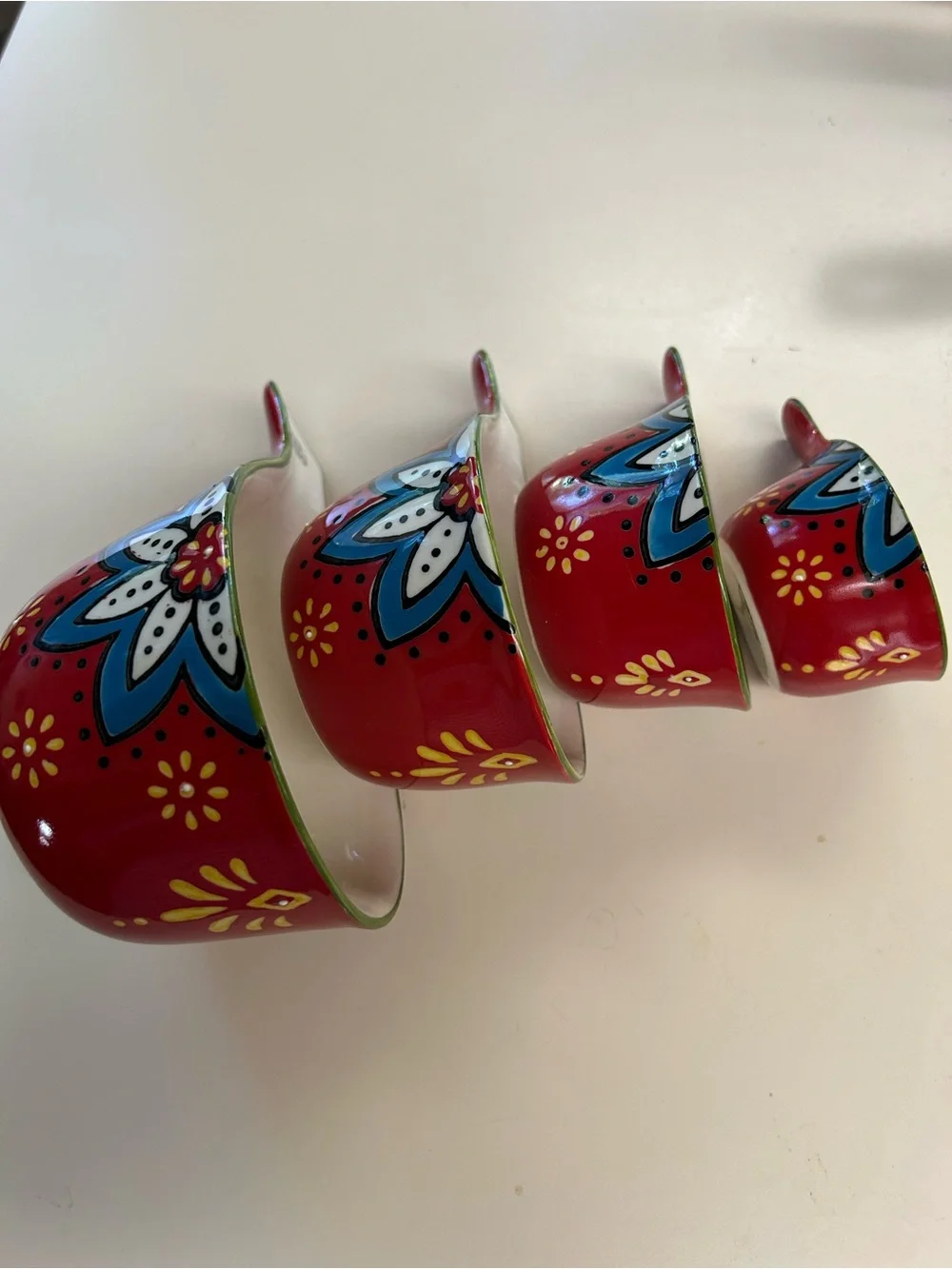 Royal Hand-Painted Floral Ceramic Nesting Measuring Cups - Red & Blue